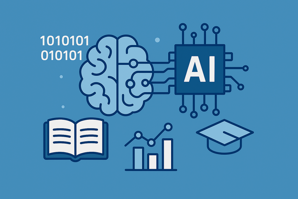 Kompetencje cyfrowe kadry dydaktycznej symbole mózgu, AI i akademickie